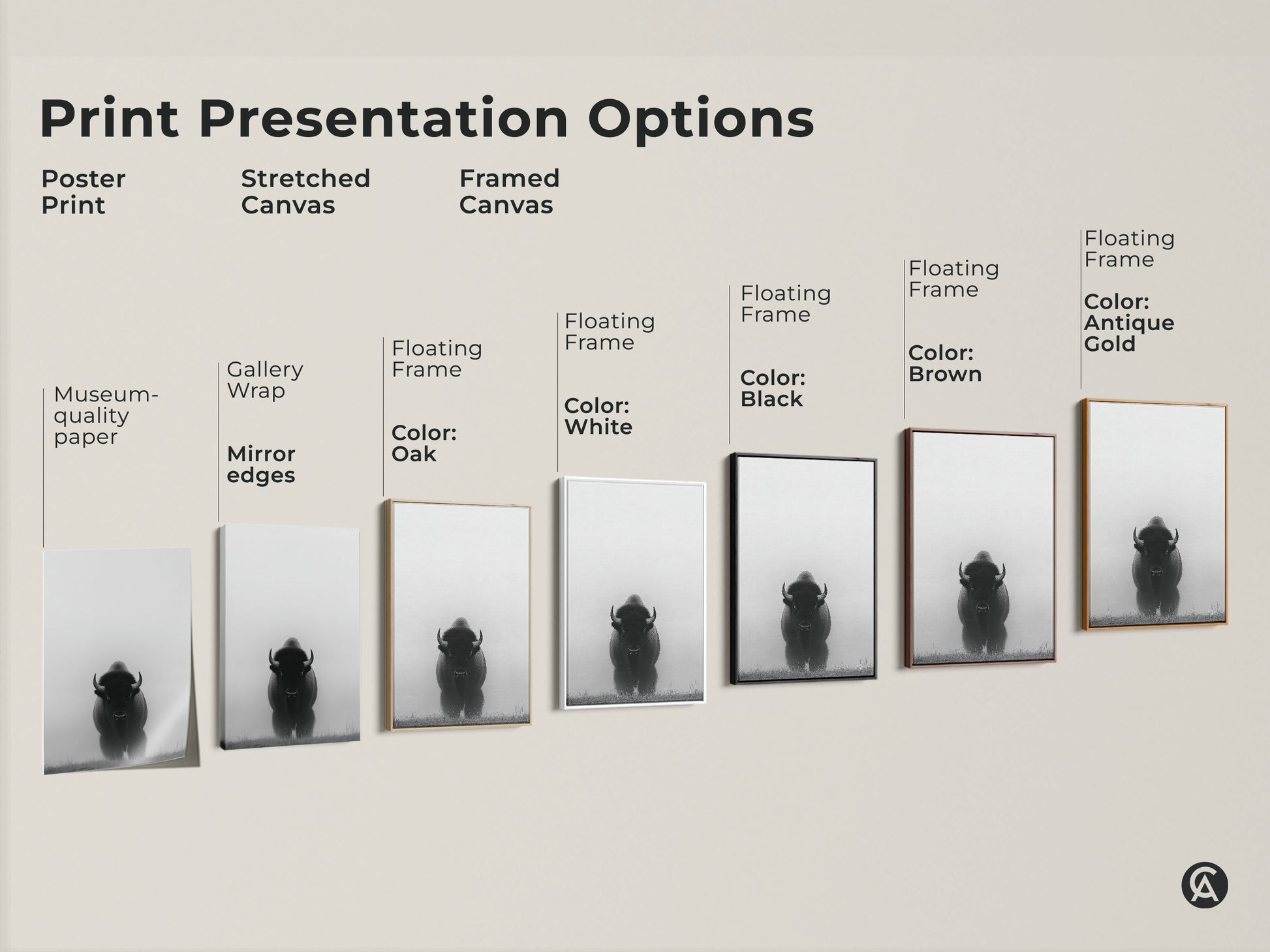 Explore print presentation options. See a poster print a stretched canvas and a framed canvas. Each features monochrome bison art for a rustic modern wildlife touch. Frames in oak white black brown and antique gold are available.