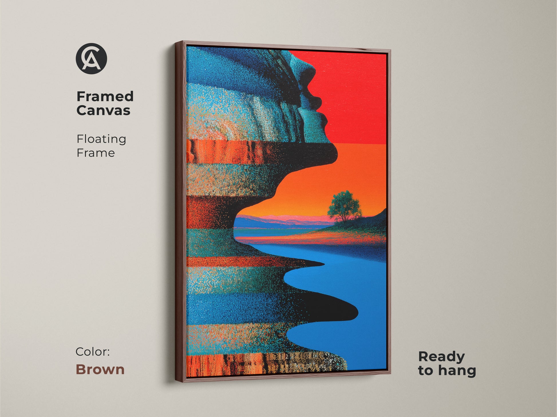 A brown floating frame enhances this abstract art. The canvas print merges a surreal landscape with a striking blue orange profile. This contemporary piece adds an eclectic modern touch. It's a unique choice for bedroom wall art or eclectic wall decor.