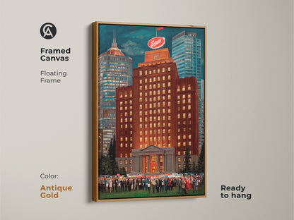 Framed canvas in an antique gold floating frame featuring a burnt orange cityscape artwork. The golden yellow skyline and crowd scene create a unique business anniversary gift. This ready-to-hang contemporary print adds elegance to any space.
