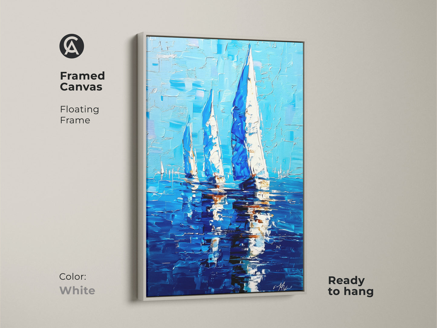 Framed canvas of sailboat artwork in a white floating frame. The coastal seascape print is nautical wall decor. The deep blue ocean painting is ready to hang. This sailing boat artwork in blue and white canvas adds an ocean view. This art is a perfect nautical housewarming gift.