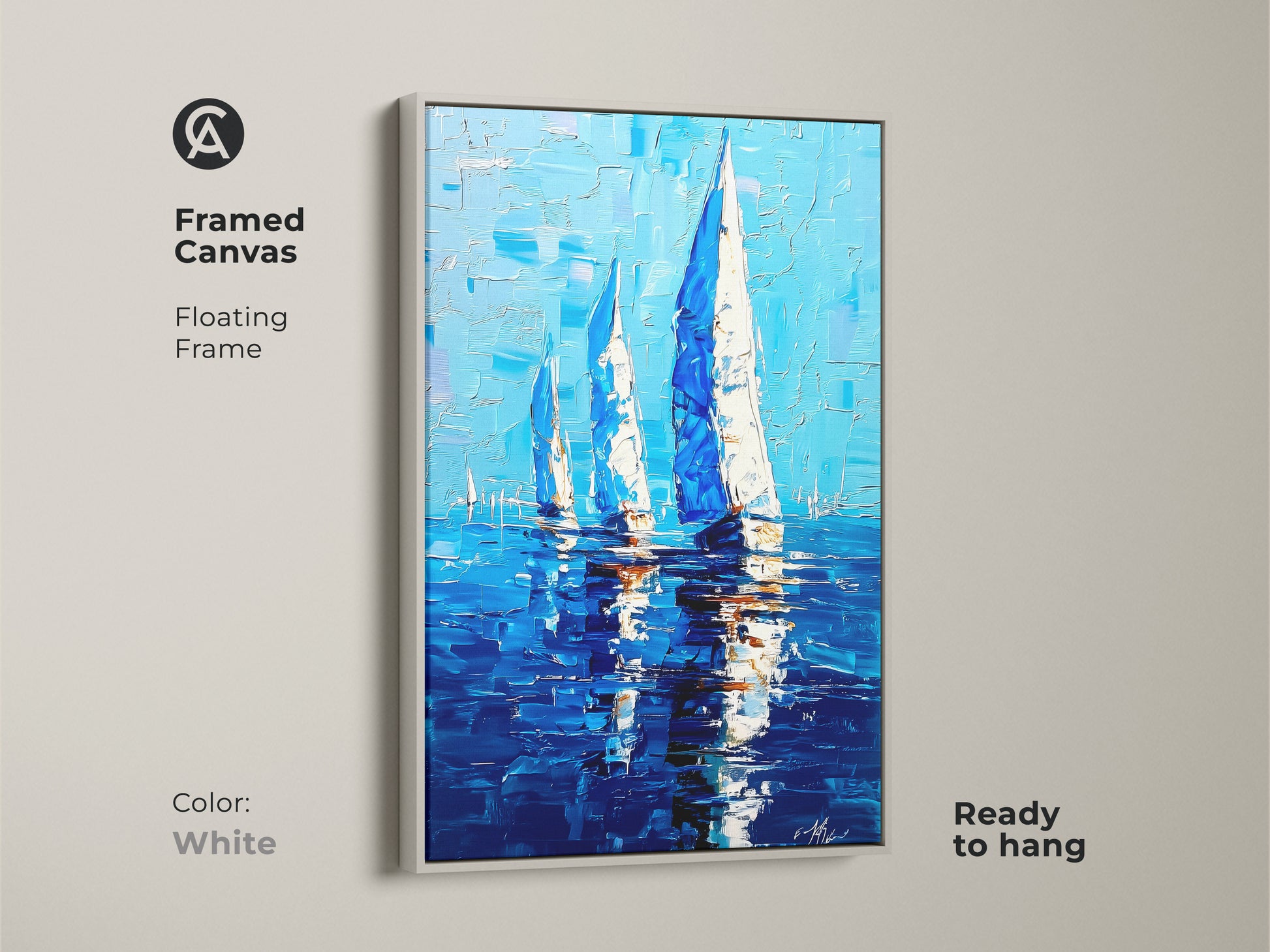 Framed canvas of sailboat artwork in a white floating frame. The coastal seascape print is nautical wall decor. The deep blue ocean painting is ready to hang. This sailing boat artwork in blue and white canvas adds an ocean view. This art is a perfect nautical housewarming gift.