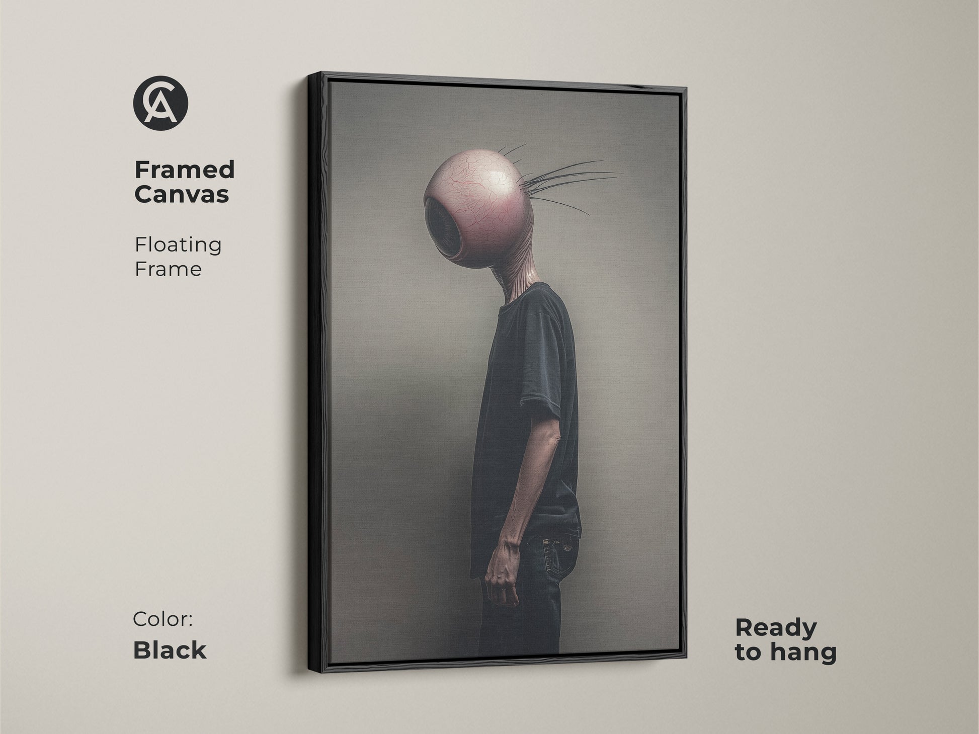 Framed canvas art featuring a surreal alien with an eyeball head. The black floating frame adds a modern touch to this dark fantasy artwork. Ready to hang it's perfect for eclectic wall decor. This canvas is a unique gift for surreal art fans.