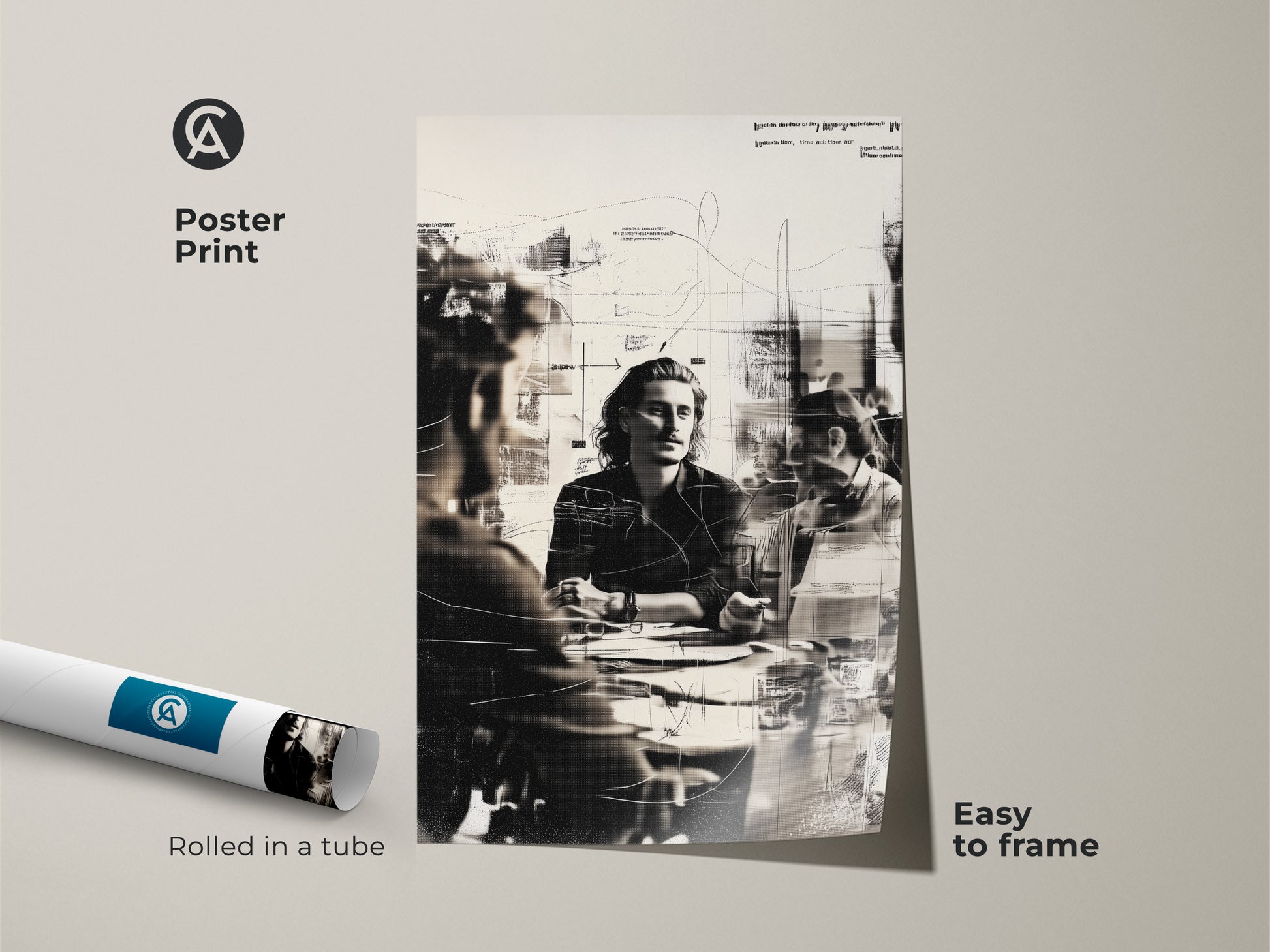 Poster print showcases an abstract collage art of people in a business meeting. Easy to frame this monochrome sketch print adds a touch of sophistication. Enhance your office decor with this minimalist art. Rolled in a tube this artwork is ready for your creative space.