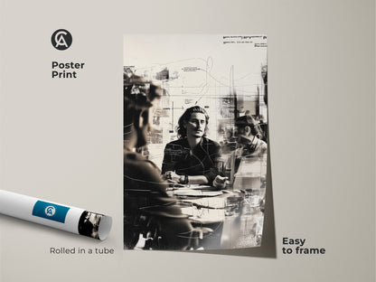 Poster print showcases an abstract collage art of people in a business meeting. Easy to frame this monochrome sketch print adds a touch of sophistication. Enhance your office decor with this minimalist art. Rolled in a tube this artwork is ready for your creative space.