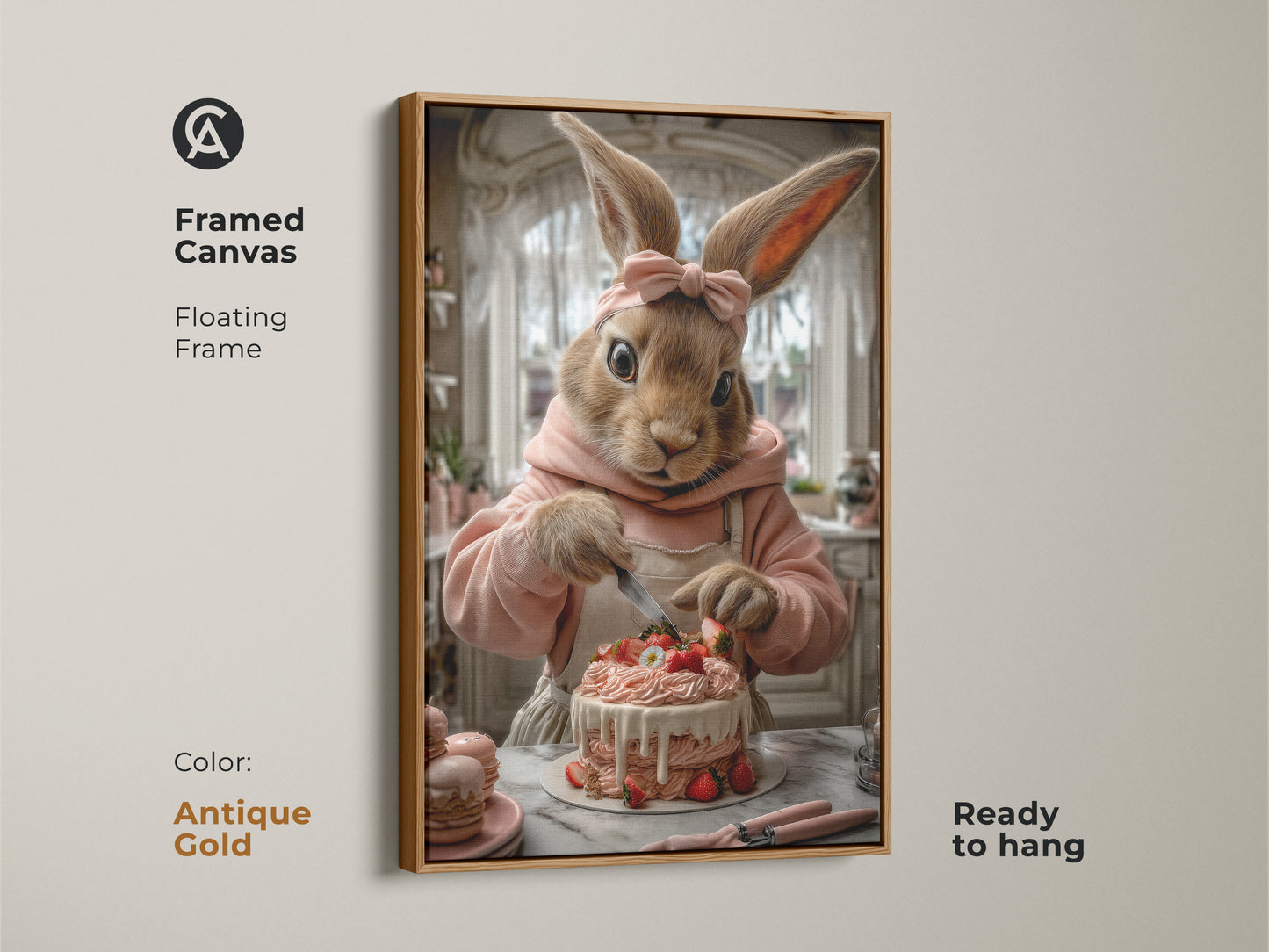 Antique gold framed canvas art featuring a bunny decorating a cake. The floating frame is ready to hang. This delightful artwork is ideal for kitchens cafes and bakeries. It's a unique baking gift idea. The pastel color palette adds a touch of whimsy.