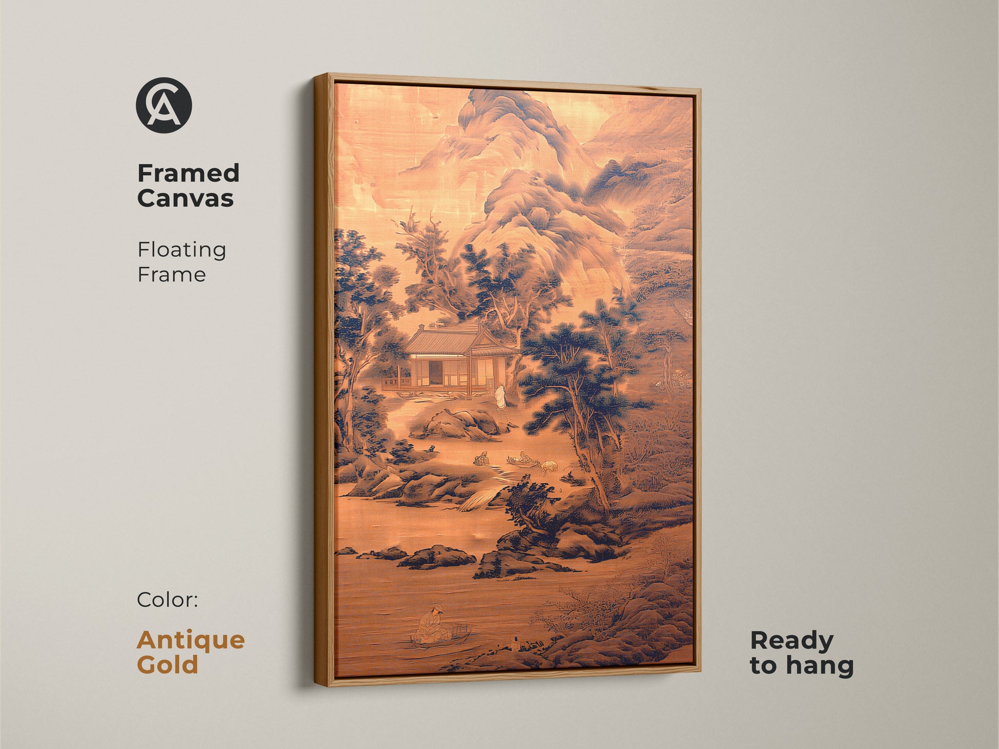 Antique gold framed canvas showcasing floating frame with ink wash landscape. This sepia and navy toned traditional Asian art adds elegance. Ready to hang zen meditation art is perfect as a housewarming gift. Ideal for study room office or residential decor.