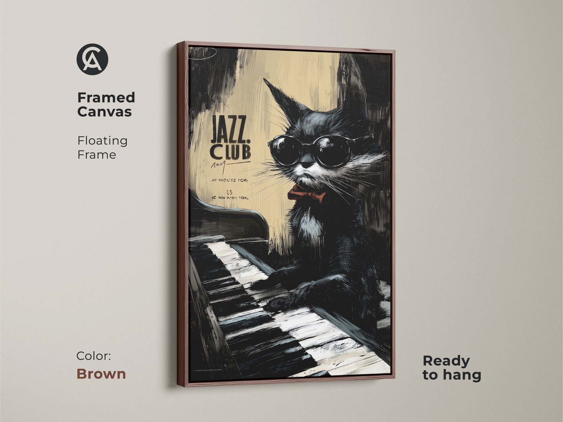 Framed canvas artwork of a jazz cat. The frame is brown. The cat is playing a piano. This floating frame art is ready to hang. This is an elegant addition to your wall decor.