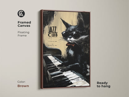 Framed canvas artwork of a jazz cat. The frame is brown. The cat is playing a piano. This floating frame art is ready to hang. This is an elegant addition to your wall decor.