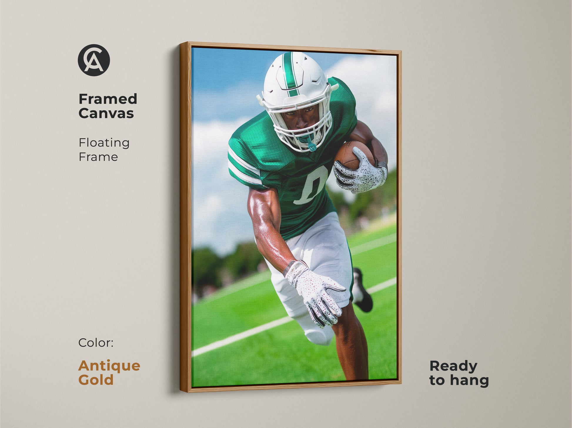 Football player canvas art in a framed contemporary style. The antique gold floating frame enhances the emerald green sports print. This ready-to-hang piece brings athletic action to your decor. Ideal as a gift for the football fan.