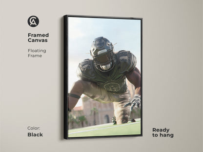 Framed Canvas featuring an American Football Player. The floating frame enhances this realistic sports artwork. Ready to hang in a man cave or office. The black frame complements the dynamic action. This is an excellent gift for sports fans and football lovers.