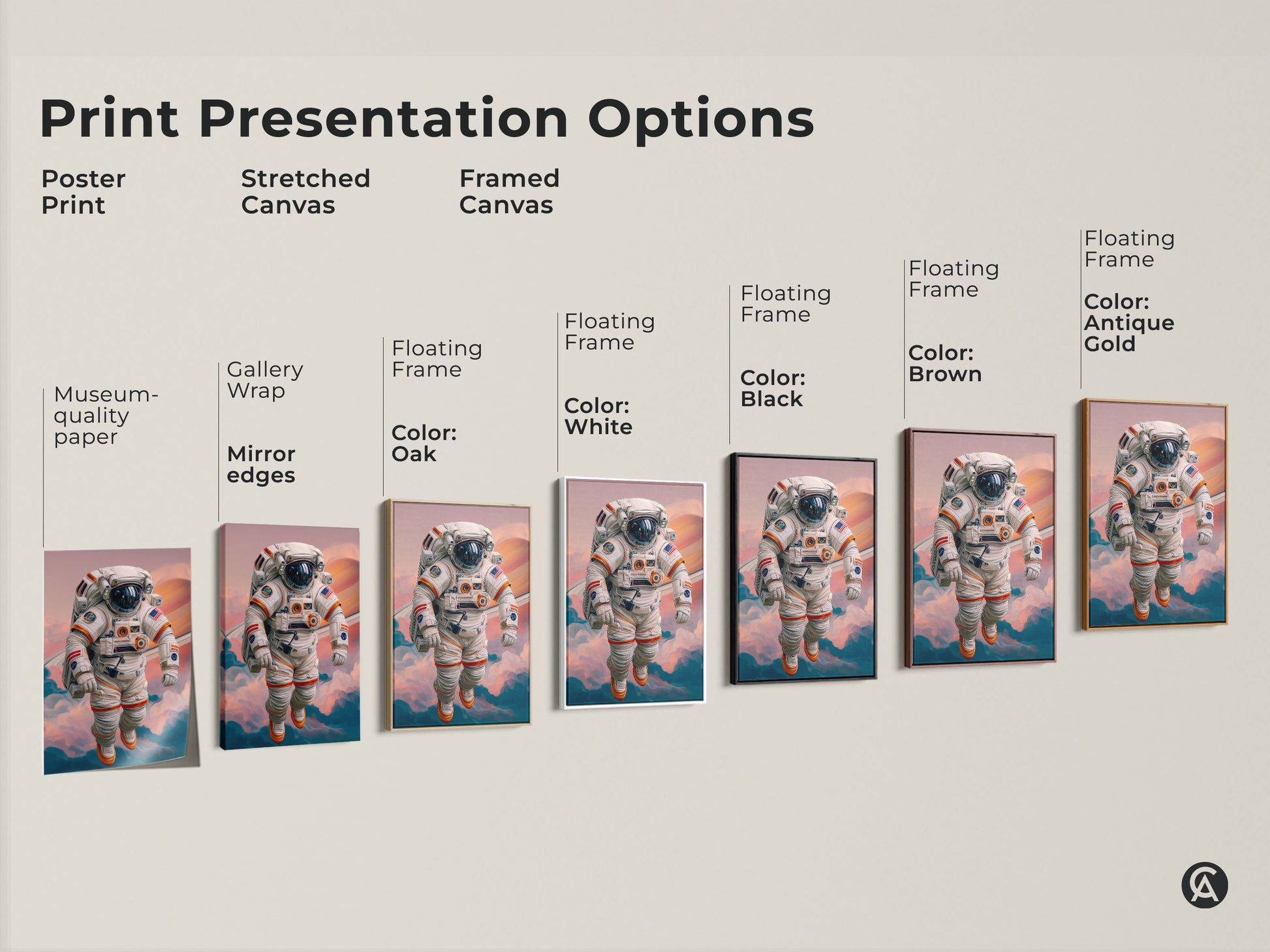 Explore print options for astronaut space artwork. Choose from poster prints stretched canvas and framed canvas. Each option showcases an astronaut floating in space near Saturn rings. Find the perfect style to complement your modern sci-fi decor and make a statement.