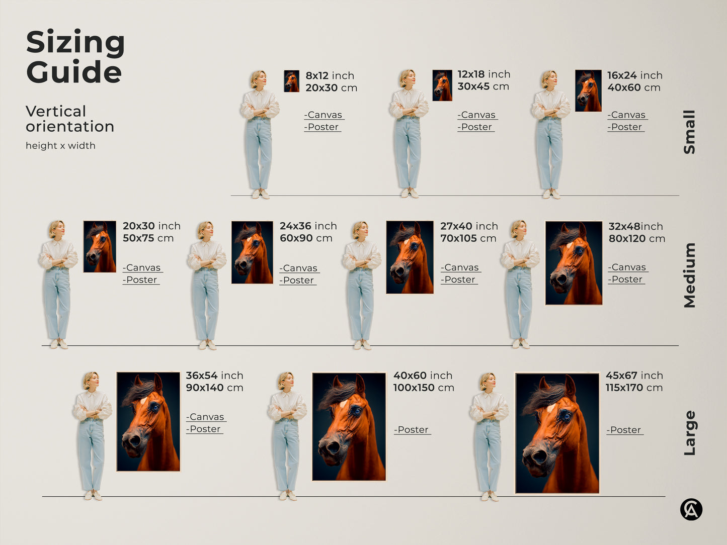 See how our realistic brown horse art looks in various sizes. This vertical orientation sizing guide will help you select the perfect piece for your space. From small accents to large statement pieces we have you covered. Envision this equine portrait on your wall today.