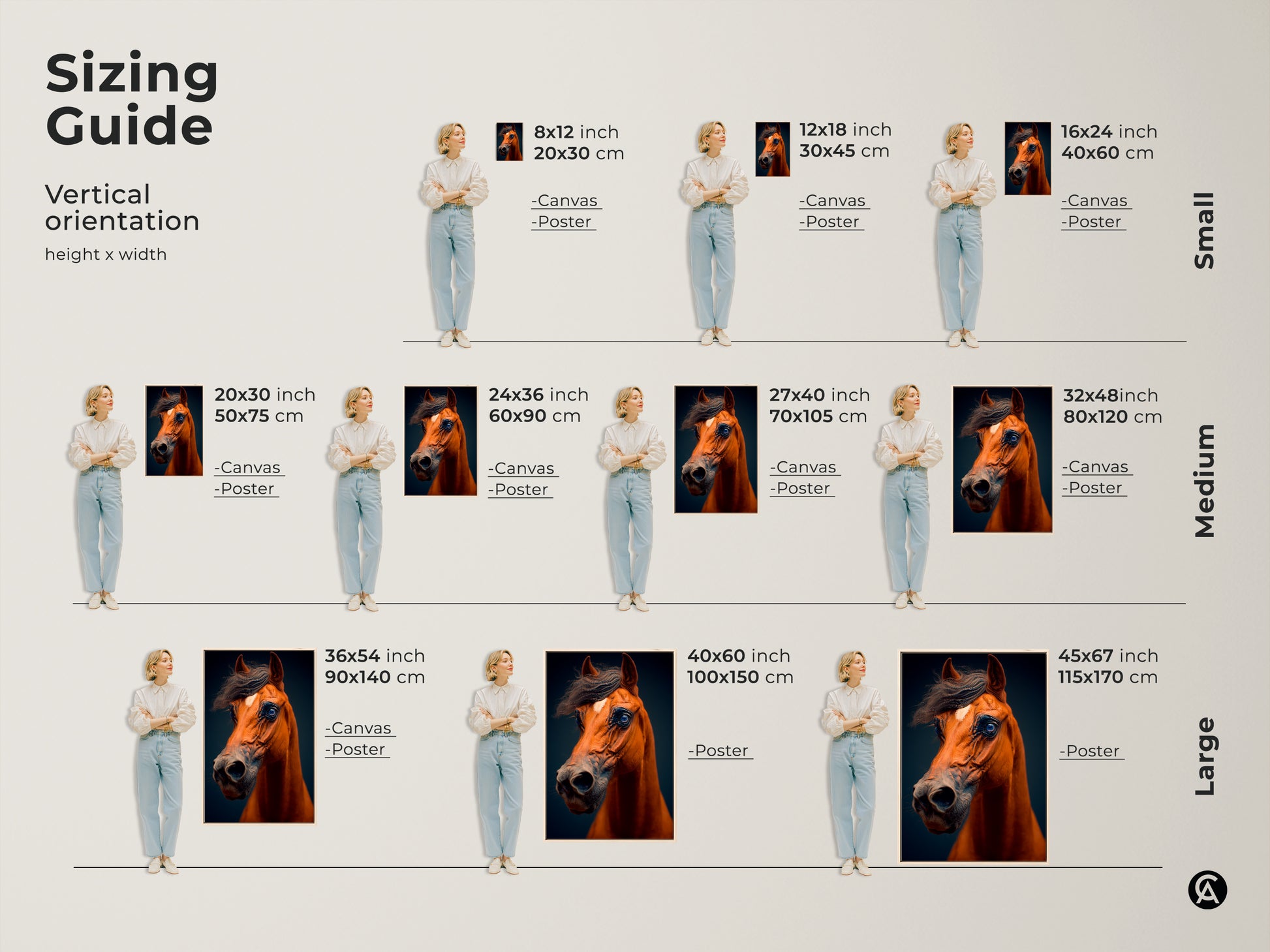 See how our realistic brown horse art looks in various sizes. This vertical orientation sizing guide will help you select the perfect piece for your space. From small accents to large statement pieces we have you covered. Envision this equine portrait on your wall today.