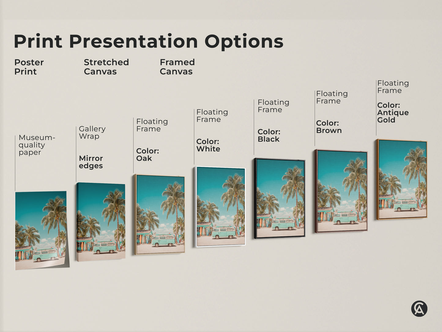 Explore print presentation options for our beachside VW bus art. Choose from poster prints stretched canvas and framed canvas. Options include gallery wrap museum-quality paper and floating frames in various colors. Find the perfect piece.