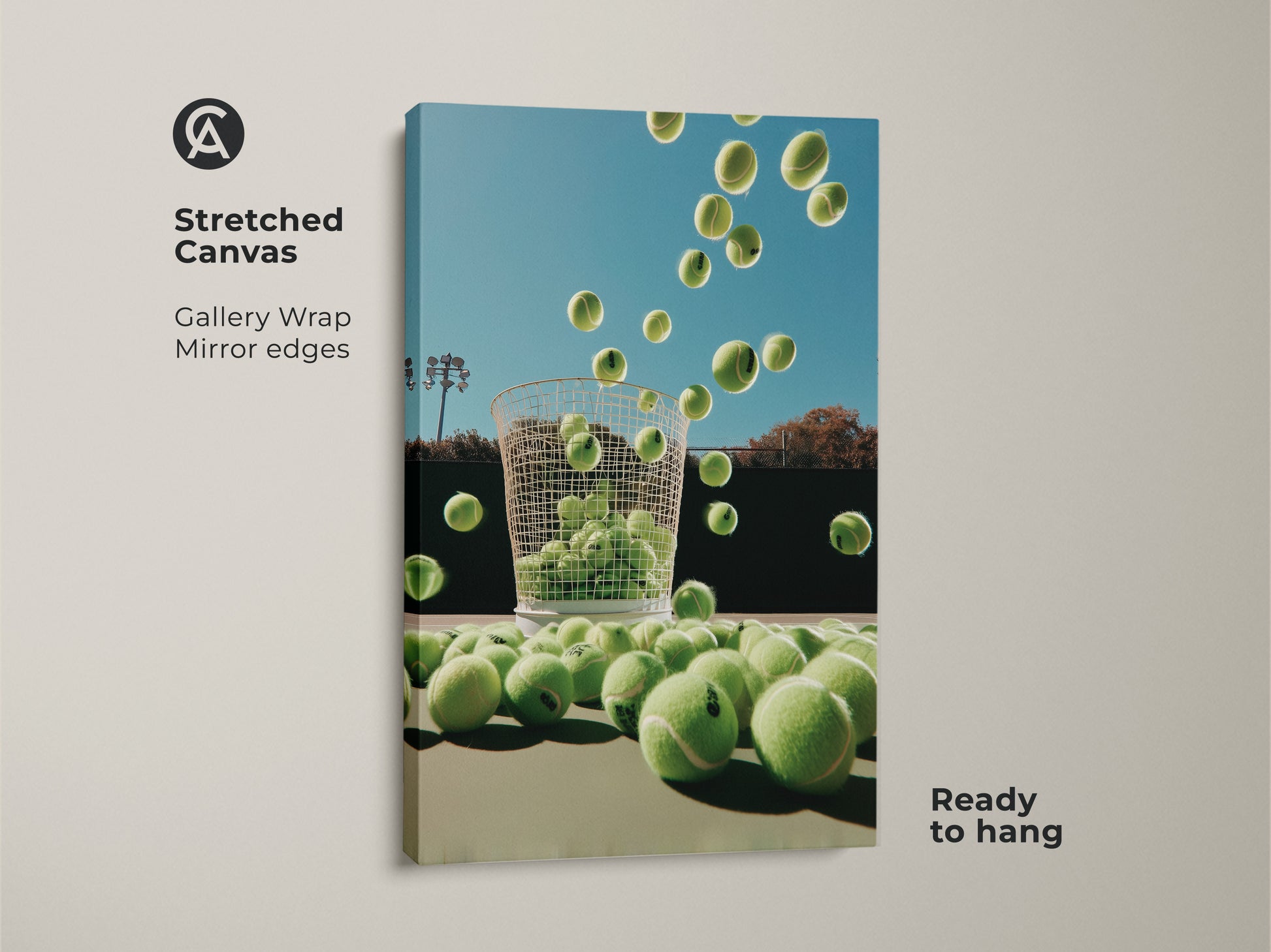 Ready to hang stretched canvas art. Gallery wrapped with mirrored edges. This tennis ball artwork brings the energy of the court to your wall. A perfect gift for tennis lovers. The vibrant colors and dynamic composition captivate.