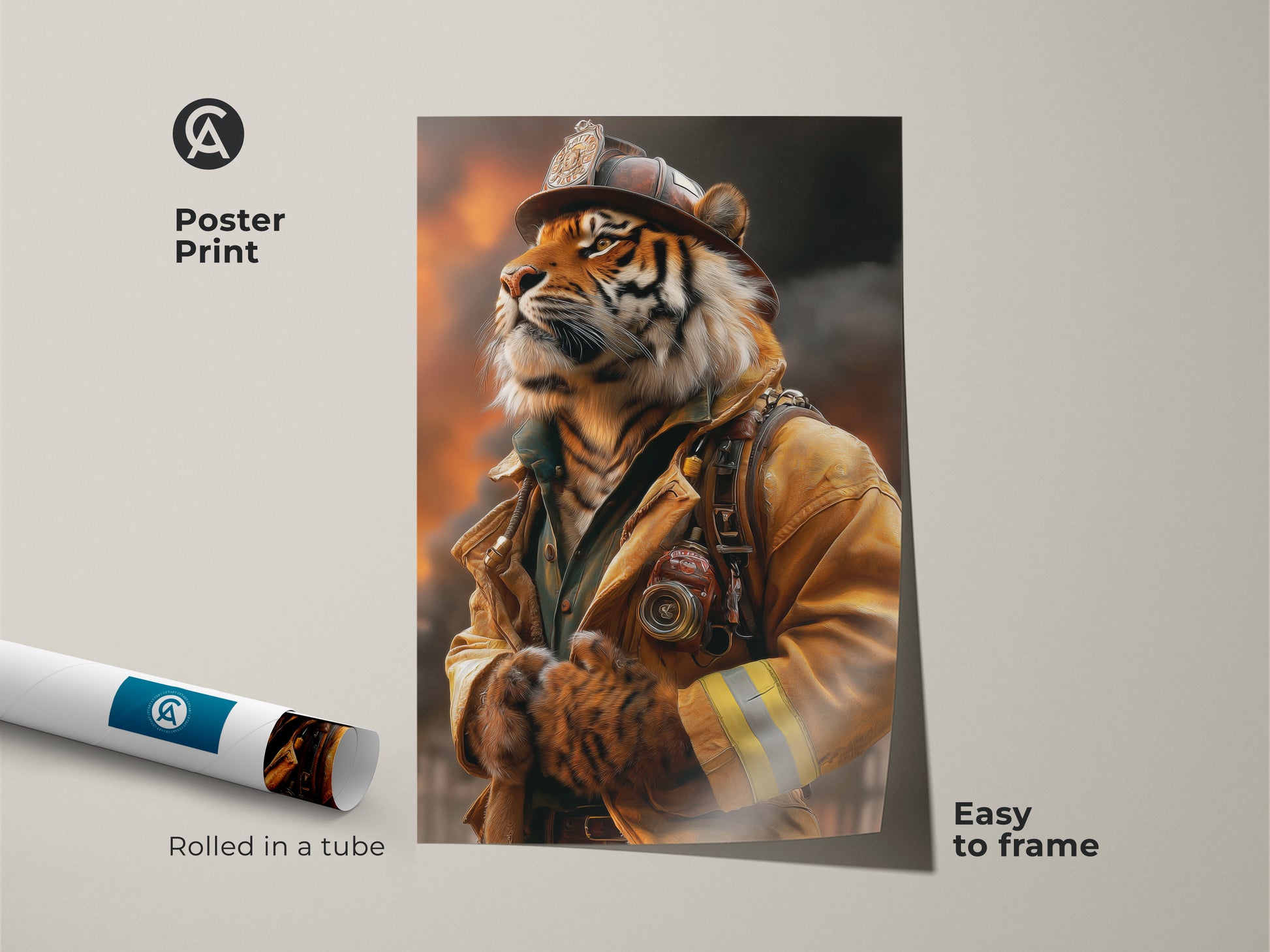 Poster print of a tiger firefighter artwork. Rolled in a tube it's easy to frame. This majestic animal art print is perfect for office inspiration. The unique firefighter themed gift blends fantasy with realism in warm orange and brown tones.