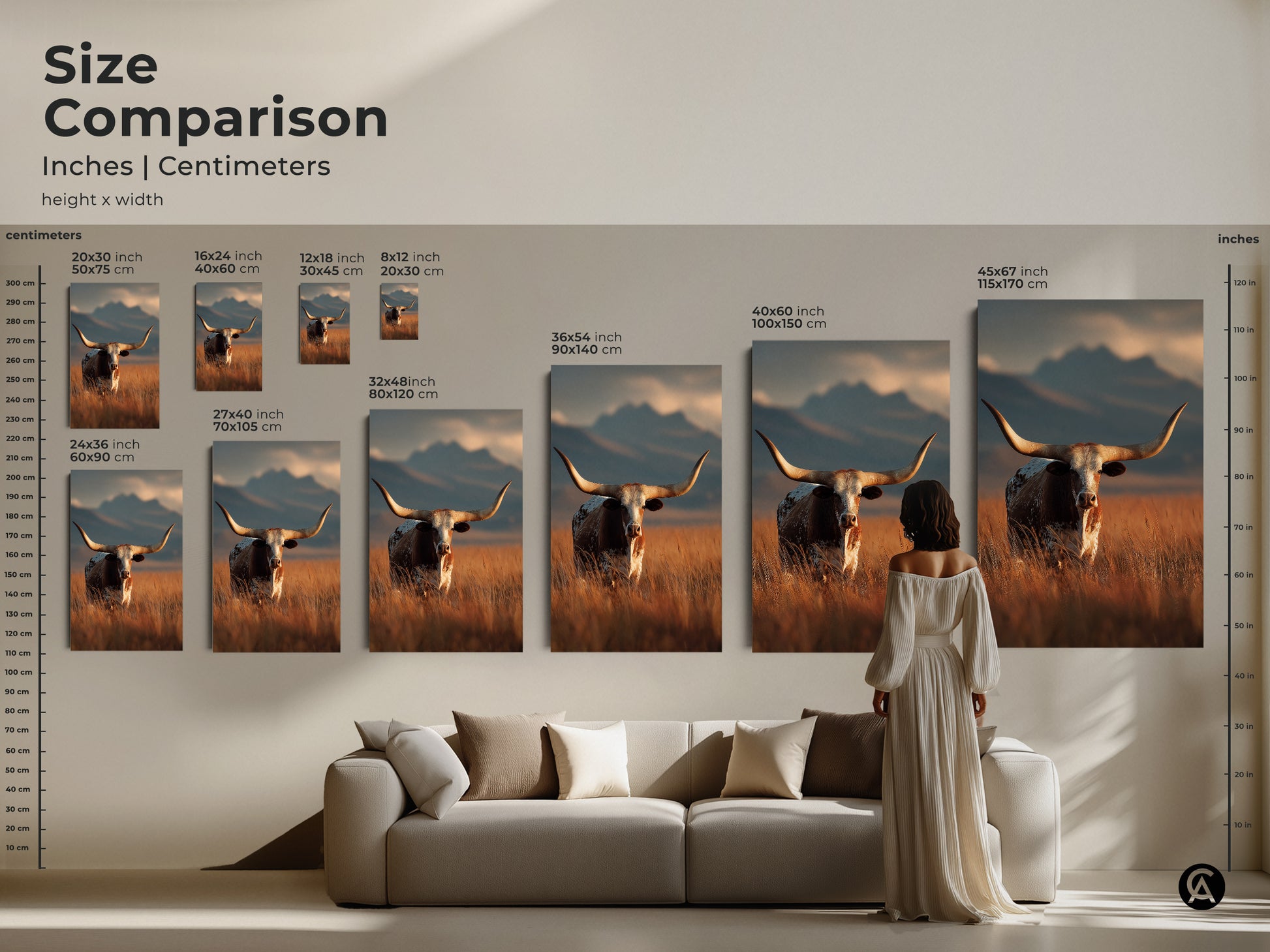 Size comparison of longhorn cattle artwork. See canvas and poster prints in various sizes. The artwork is displayed in inches and centimeters. Perfect for any rustic western decor. Ideal for a farmhouse or ranch style home. Visualize the art in your space.