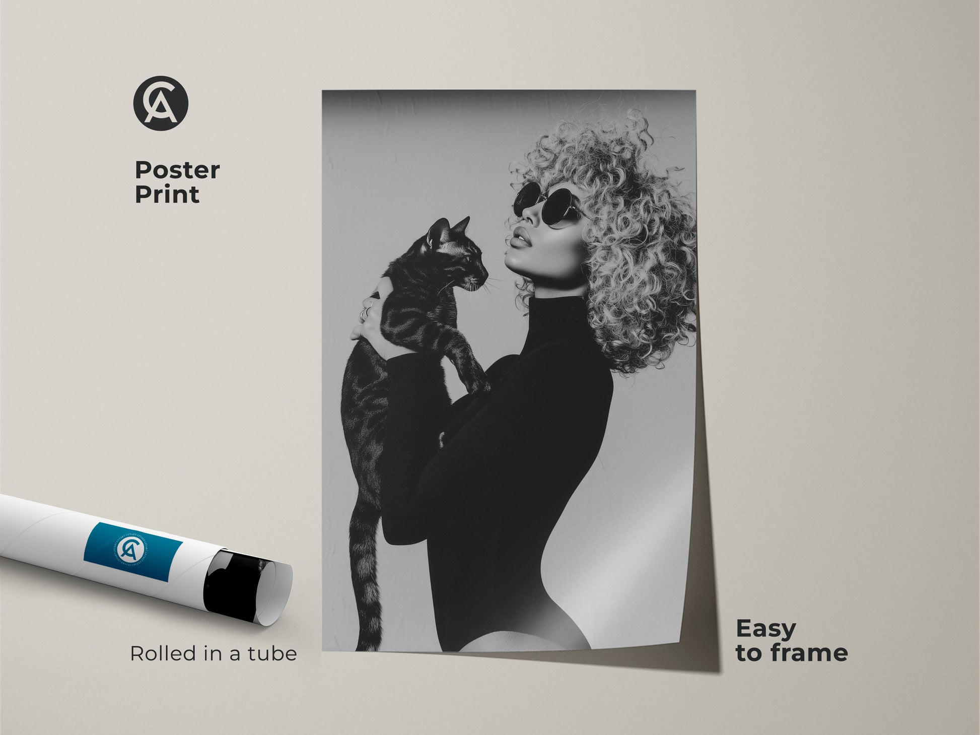 Poster print featuring a monochrome fashion portrait of a woman with a cat. This black and white artwork offers a chic contemporary style ideal for modern home decor. Easy to frame this print is a unique gift for cat moms and adds a sophisticated touch to any living space.