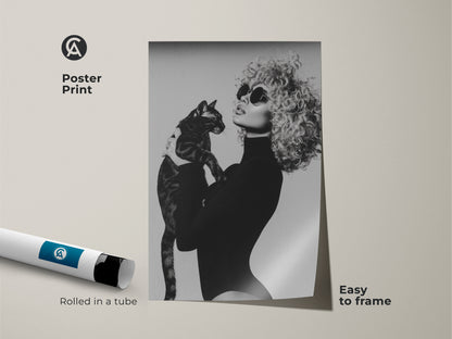Poster print featuring a monochrome fashion portrait of a woman with a cat. This black and white artwork offers a chic contemporary style ideal for modern home decor. Easy to frame this print is a unique gift for cat moms and adds a sophisticated touch to any living space.