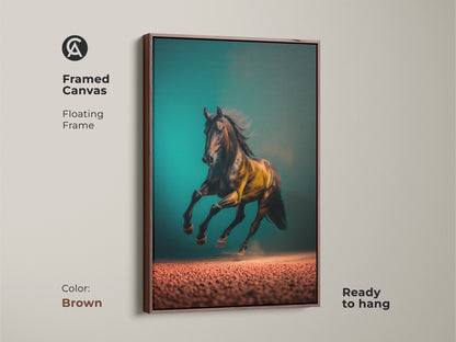 A framed canvas of a running horse artwork in a floating brown frame. This equestrian print features a teal background with brown and gold accents. Ready to hang this animal art is perfect for home or office decor. A striking piece for wildlife art enthusiasts. Enhance your space with this sophisticated horse painting.
