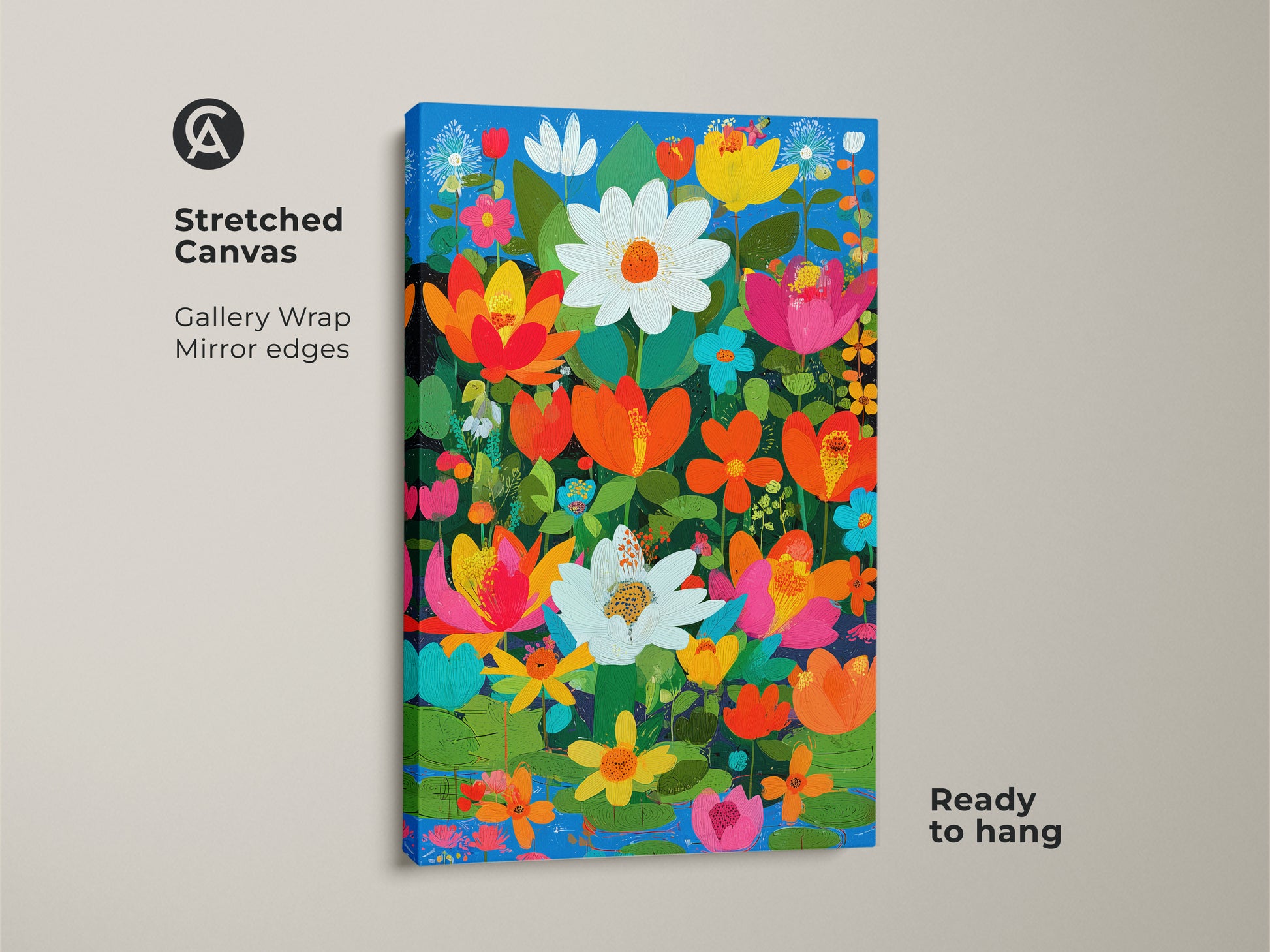 Stretched canvas of boho floral wall art print. The gallery wrap has mirror edges. Orange pink and teal botanical art is ready to hang. Lotus daisy flower artwork.