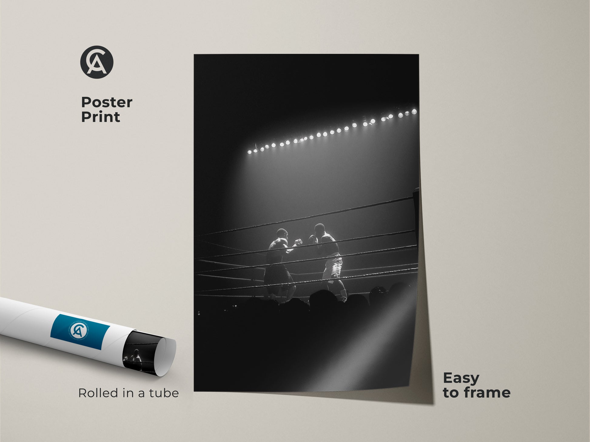 This black and white boxing ring photography is available as an easy-to-frame poster print. Rolled safely in a tube this vintage boxing poster suits man caves or gym motivation artwork.