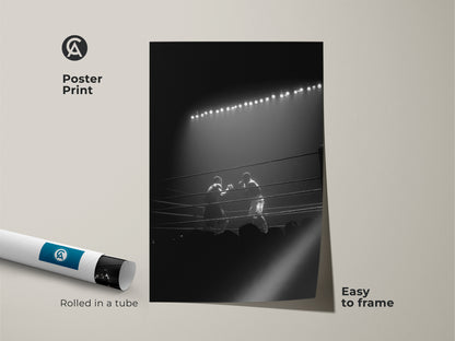 This black and white boxing ring photography is available as an easy-to-frame poster print. Rolled safely in a tube this vintage boxing poster suits man caves or gym motivation artwork.