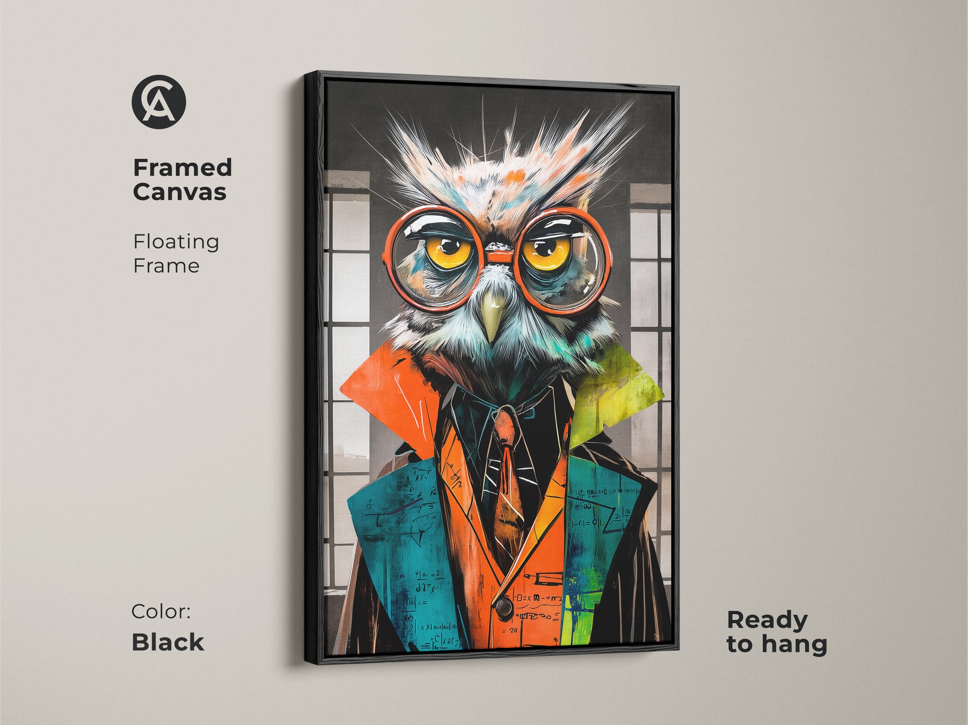 A framed canvas featuring the surreal owl art. The floating frame complements the intellectual owl painting. This teacher appreciation gift in black is ready to hang and enhances any creative office decor. The owl artwork is educational themed.