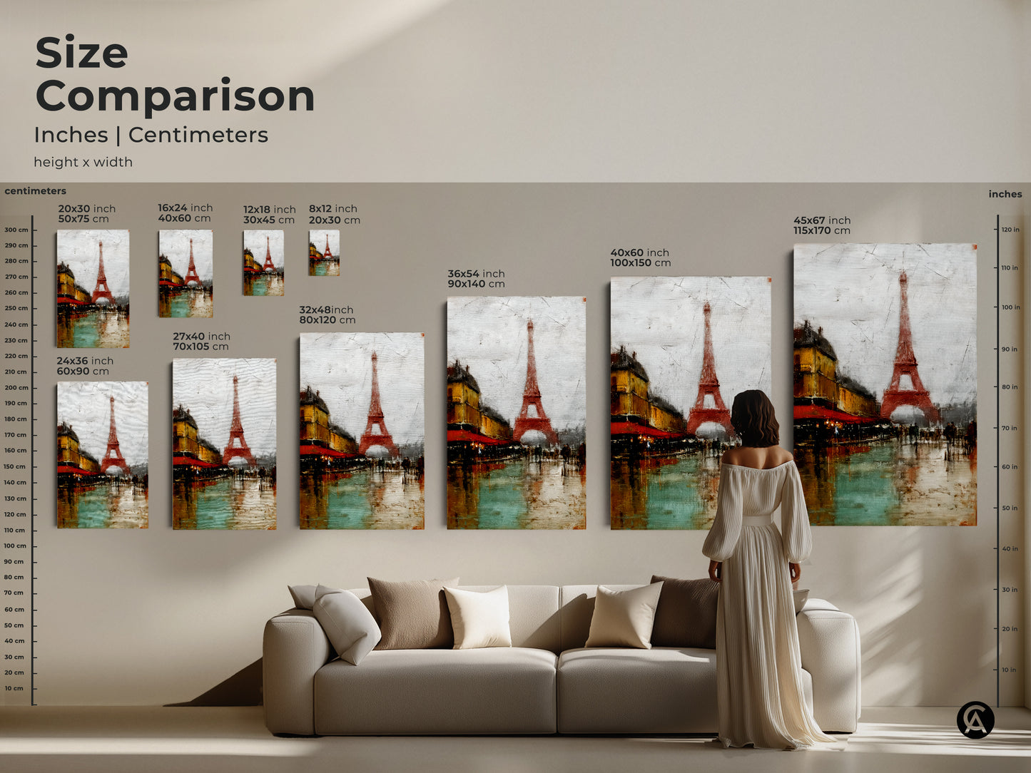 Size Comparison of Paris Cityscape Artwork in inches and centimeters. See how canvas and poster prints ranging from 16x24 to 45x67 inches fit above a sofa. This Eiffel Tower and cafe scene art adds urban life to your home. Visualize the perfect scale for your wall.