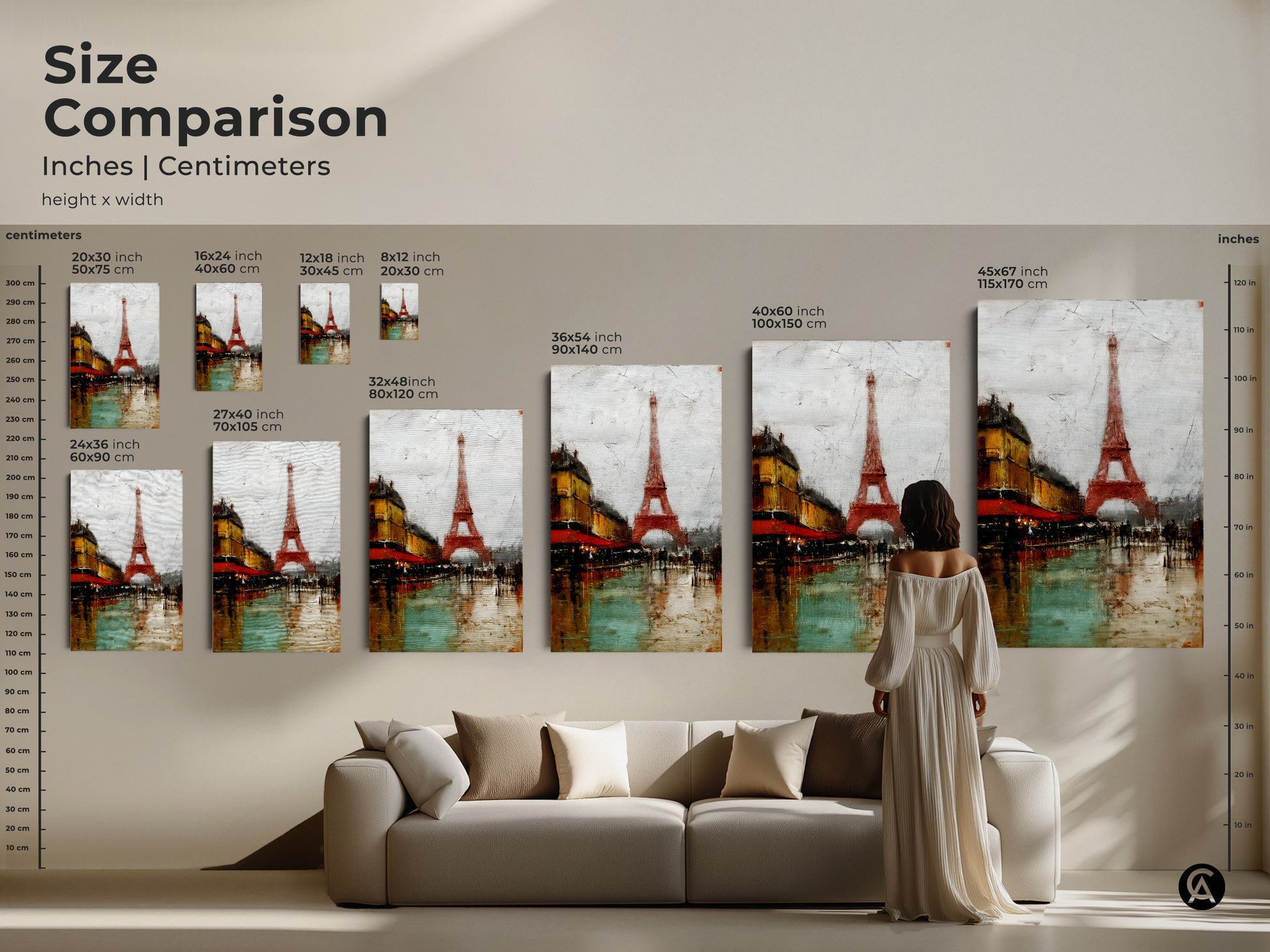 Size Comparison of Paris Cityscape Artwork in inches and centimeters. See how canvas and poster prints ranging from 16x24 to 45x67 inches fit above a sofa. This Eiffel Tower and cafe scene art adds urban life to your home. Visualize the perfect scale for your wall.