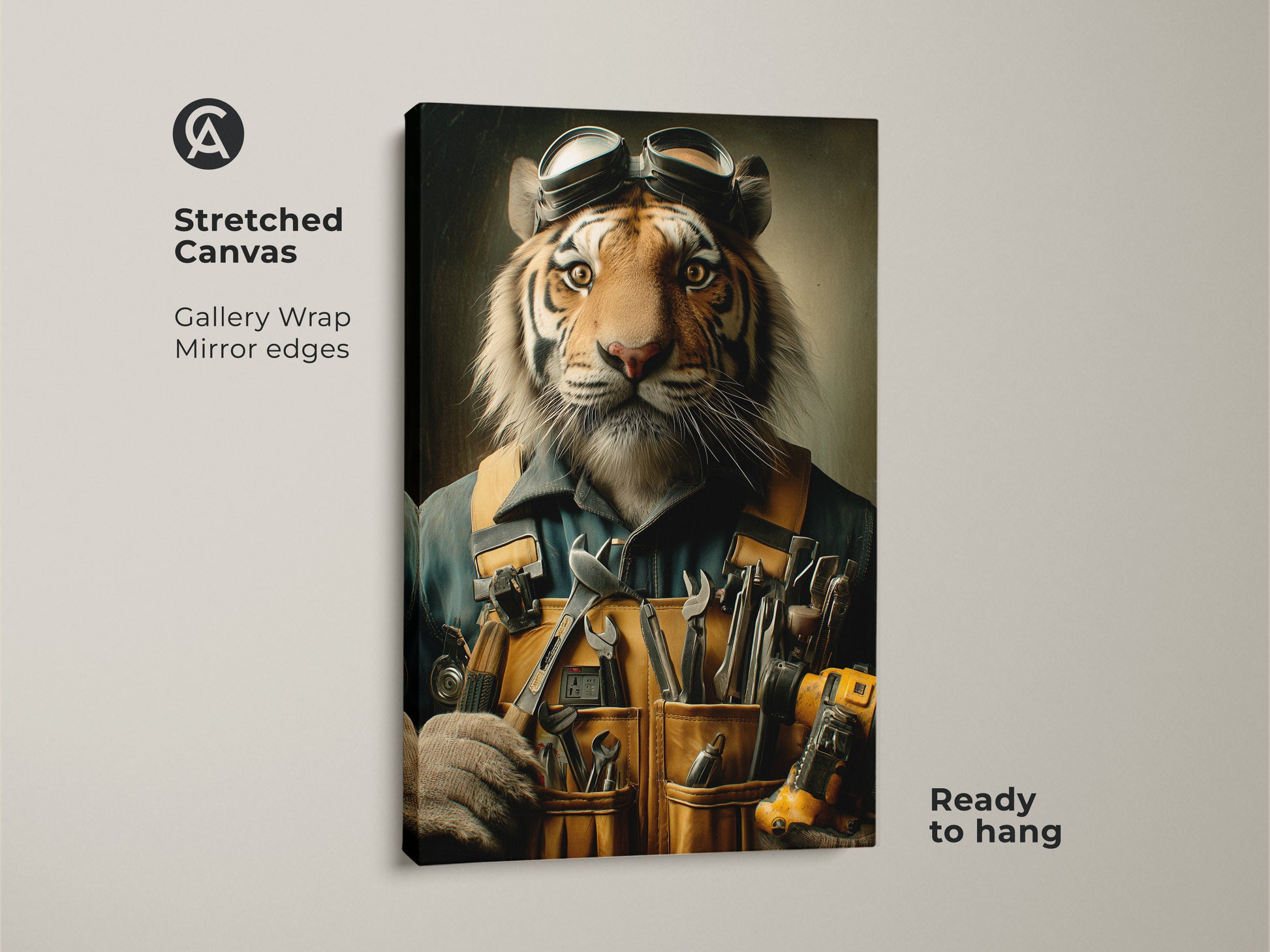 This stretched canvas features a tiger as a mechanic. It's an anthropomorphic animal art piece. The gallery wrap with mirror edges ensures a museum-quality display. Ready to hang this surrealist tiger print adds an eclectic touch to any room. It's perfect as a unique office wall art.