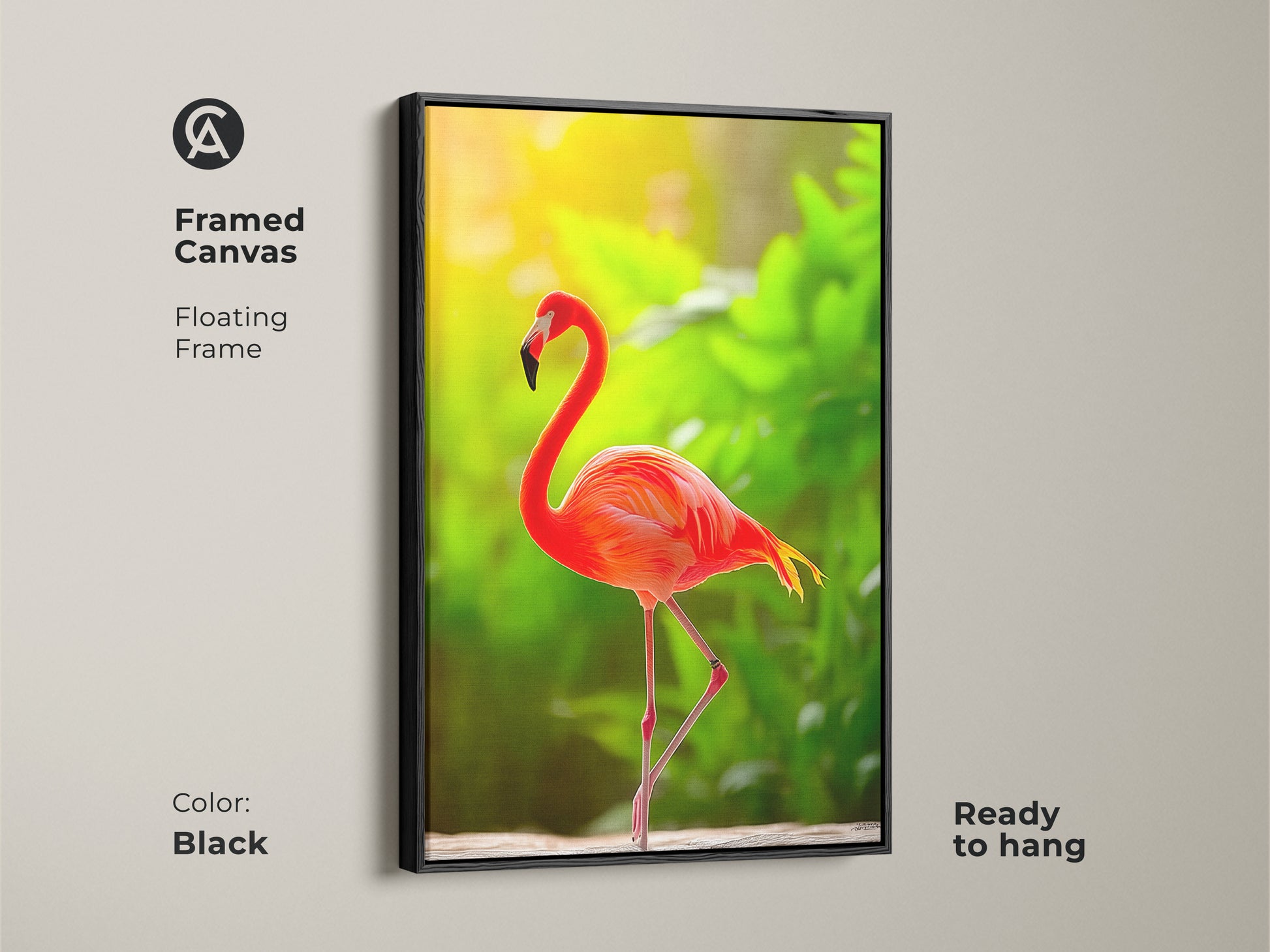 Framed canvas art featuring a flamingo. The coral orange bird adds a vibrant touch. Floating frame enhances the wildlife artwork. A perfect piece for boho bedroom decor. Ready to hang and enjoy. The black frame complements any style.