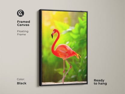 Framed canvas art featuring a flamingo. The coral orange bird adds a vibrant touch. Floating frame enhances the wildlife artwork. A perfect piece for boho bedroom decor. Ready to hang and enjoy. The black frame complements any style.
