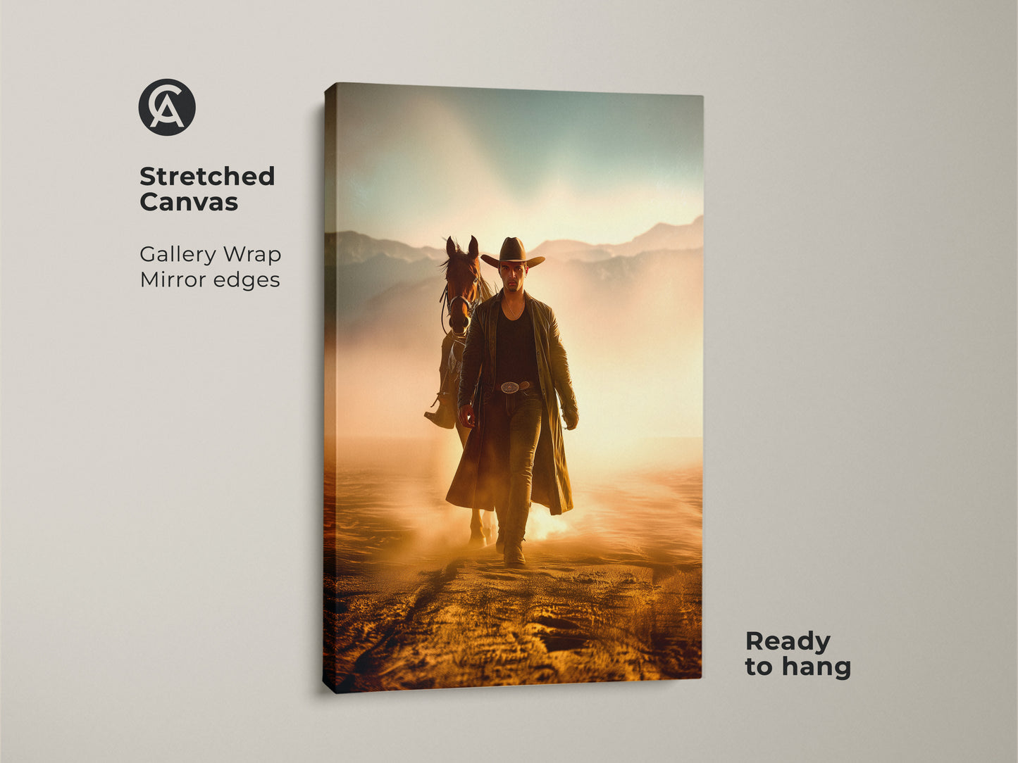 Stretched canvas print of a cowboy and horse in a Western scene. Gallery wrapped with mirror edges this rustic artwork is ready to hang. Golden yellow and dusty orange colors create a cinematic feel. Ideal for rustic home decor or a cowboy lover's gift.