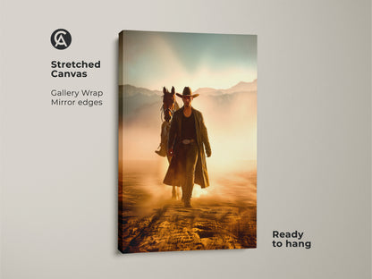Stretched canvas print of a cowboy and horse in a Western scene. Gallery wrapped with mirror edges this rustic artwork is ready to hang. Golden yellow and dusty orange colors create a cinematic feel. Ideal for rustic home decor or a cowboy lover's gift.