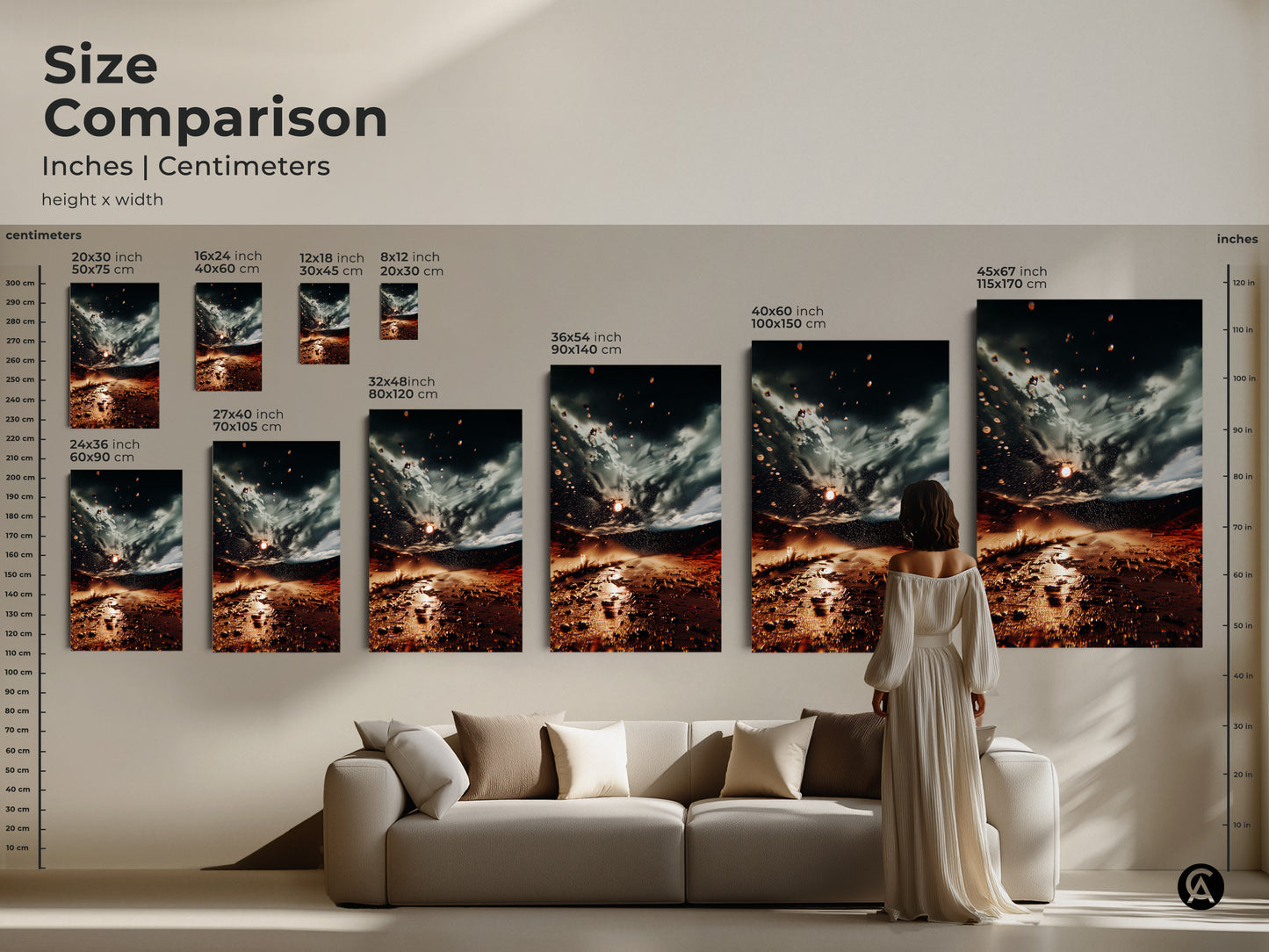 Size comparison of surreal desert storm canvas in inches and centimeters. Visualize the scale of this earth tones landscape art. Perfect as living room wall art or a unique wall hanging print.