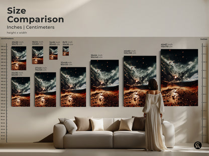 Size comparison of surreal desert storm canvas in inches and centimeters. Visualize the scale of this earth tones landscape art. Perfect as living room wall art or a unique wall hanging print.