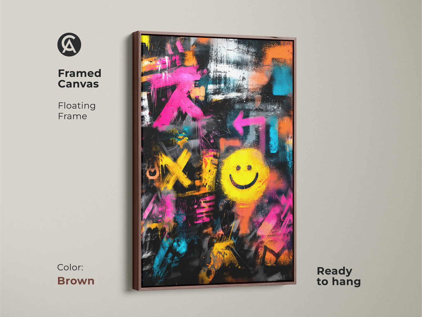 Framed Canvas with Floating Frame in Brown Color. Graffiti art featuring a bright yellow smiley face. This artwork is ready to hang. It adds an urban touch to any room or office space.