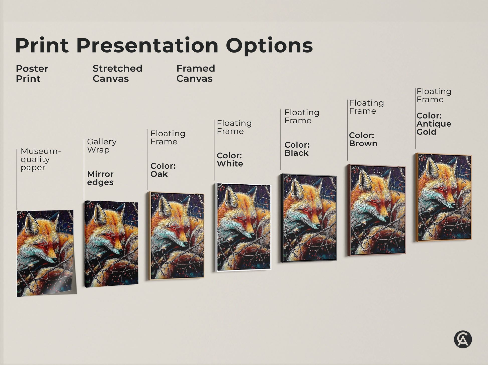 Print presentation options are displayed. Choices include poster print stretched canvas and framed canvas. Pick from museum quality paper or gallery wrap with floating frames. Available frame colors are white black brown and antique gold.