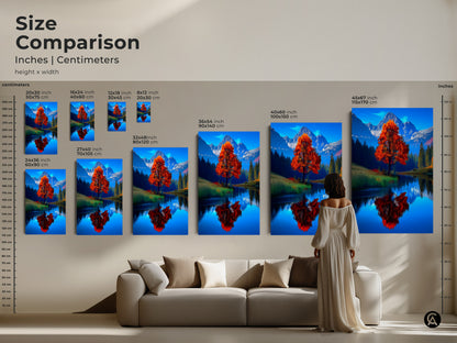 Size comparison of fall landscape canvas and poster prints in inches and centimeters. Featuring an orange tree by a mountain lake this contemporary nature artwork is available in various sizes. See how each size fits in a living room setting. Find the perfect scale for your home decor. A scenic mountain view canvas print to enhance any space.
