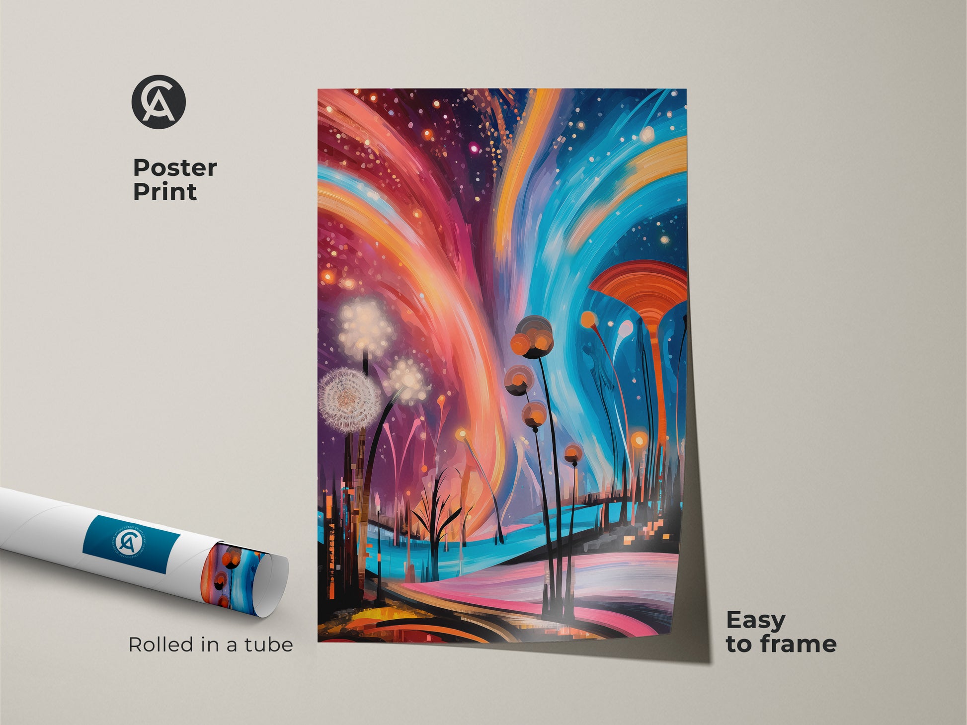 A poster print showcasing abstract dandelion artwork. This fantasy nature artwork uses warm oranges and cool blues. Accented by deep purples to create an eclectic and surreal aesthetic. The dreamy landscape painting is easy to frame. The vivid color art print is great for a gallery wall.