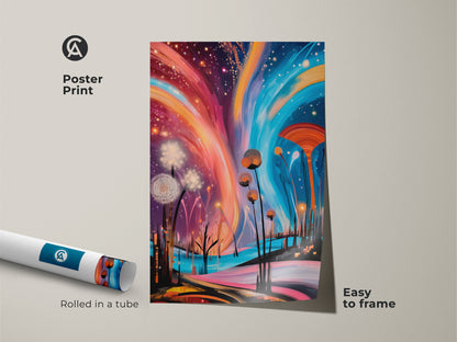A poster print showcasing abstract dandelion artwork. This fantasy nature artwork uses warm oranges and cool blues. Accented by deep purples to create an eclectic and surreal aesthetic. The dreamy landscape painting is easy to frame. The vivid color art print is great for a gallery wall.