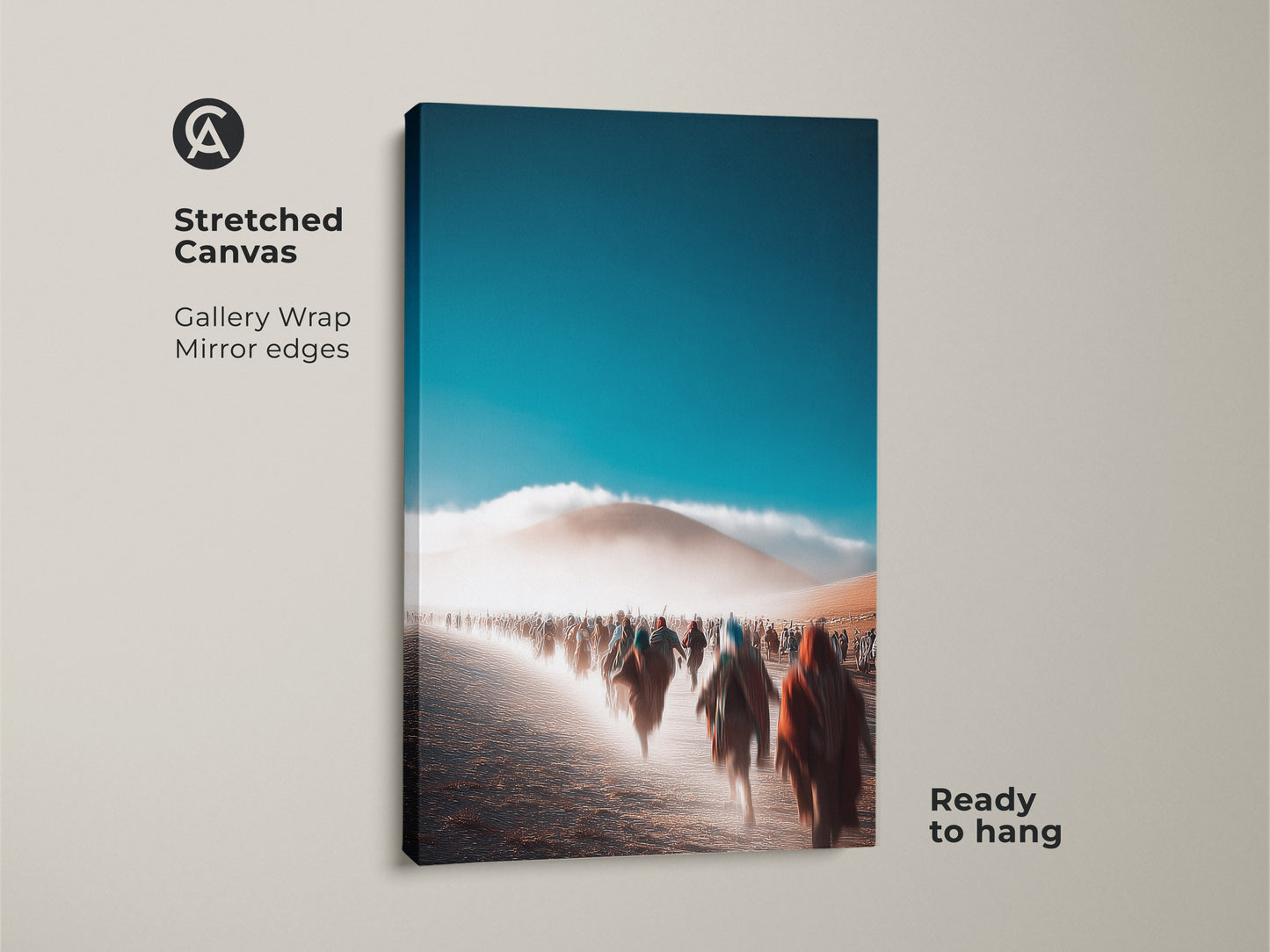 Stretched canvas print showcasing an abstract desert procession. Gallery wrap with mirror edges creates a polished look. The teal blue and dusty orange hues blend beautifully. This piece is ready to hang as residential wall art. It's perfect for a travel lover gift. This modern abstract artwork enhances any living space.