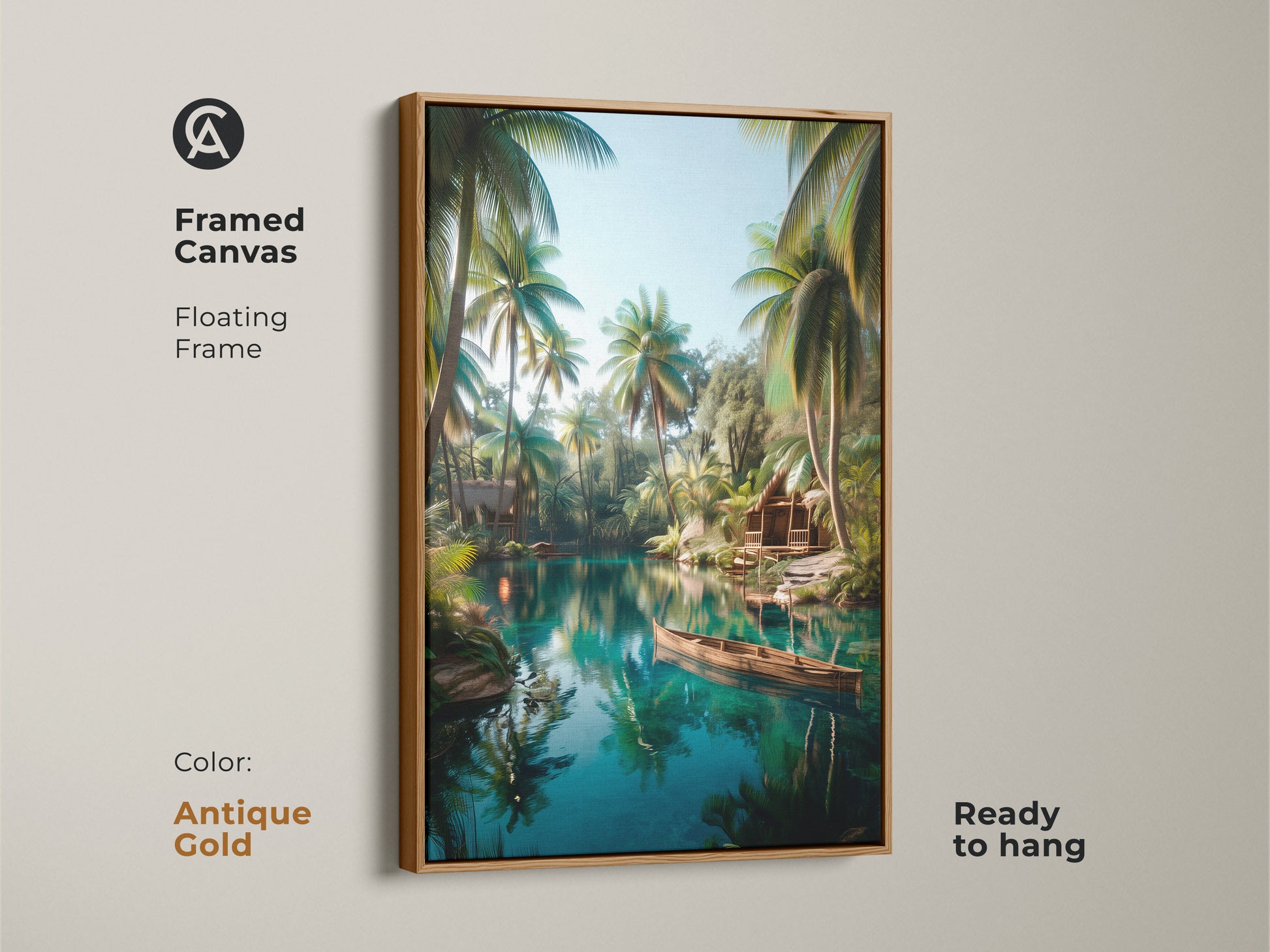 A framed canvas with an antique gold floating frame shows tropical lake artwork. The art features a calm lake with palm trees and a wooden boat. This ready-to-hang artwork adds a touch of elegance. The antique gold frame enhances the tropical scene.