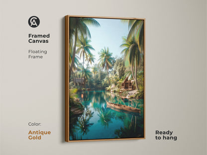A framed canvas with an antique gold floating frame shows tropical lake artwork. The art features a calm lake with palm trees and a wooden boat. This ready-to-hang artwork adds a touch of elegance. The antique gold frame enhances the tropical scene.