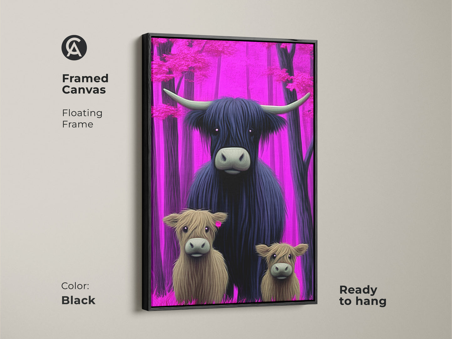 Framed canvas art featuring a Highland Cow family in a pink purple forest with a black floating frame. This fantasy animal art is ready to hang. A great eclectic home decor gift for those who love cows and unique artwork.