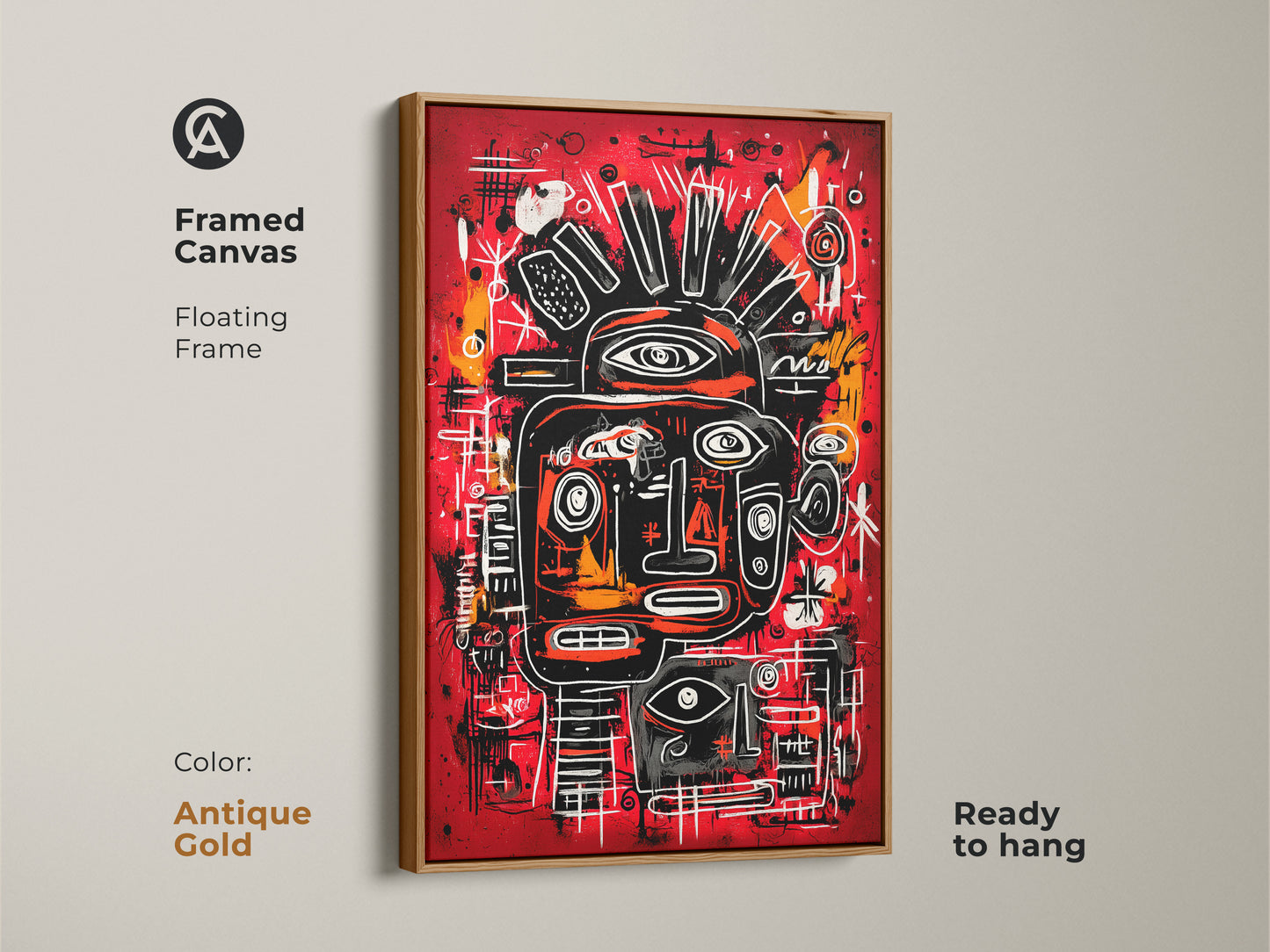 A framed canvas artwork with a floating frame in antique gold. The artwork features an abstract face on a red background. The face has black white and orange accents. It is ready to hang. Own this masterpiece