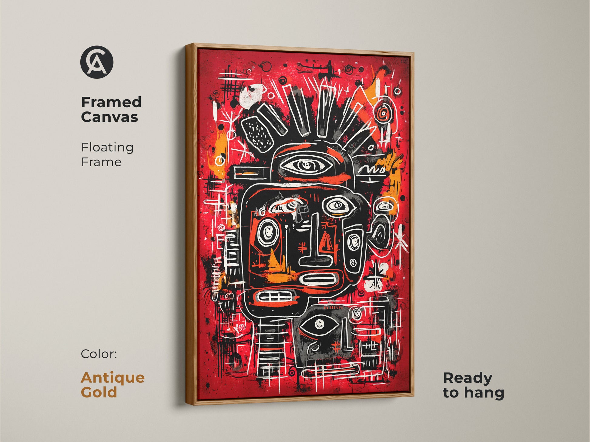 A framed canvas artwork with a floating frame in antique gold. The artwork features an abstract face on a red background. The face has black white and orange accents. It is ready to hang. Own this masterpiece