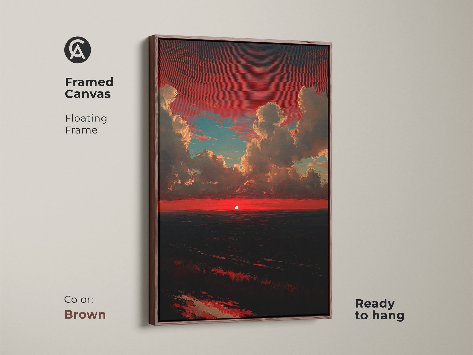 Framed crimson sunset canvas art with a brown floating frame. This red and teal clouds print is ready to hang. It is a dramatic skyscape wall decor. This nature landscape artwork enhances any contemporary bedroom. A modern ocean sunset art.