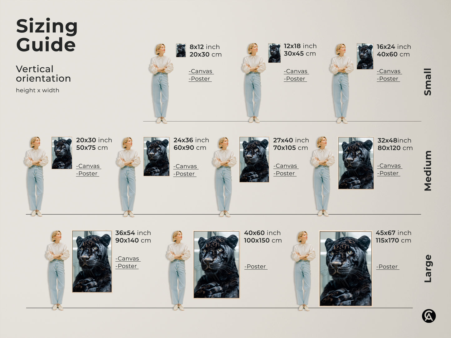 Sizing guide for the vertical black panther artwork. Available in small medium and large sizes. Perfect for canvas and poster prints. Find the ideal dimensions to showcase this wildlife portrait beautifully in your space.